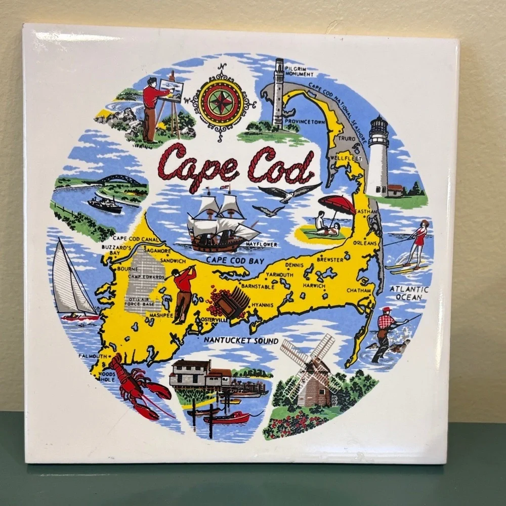 Cape Cod Illustrated Map Wall Tile Trivet. 6” x 6”